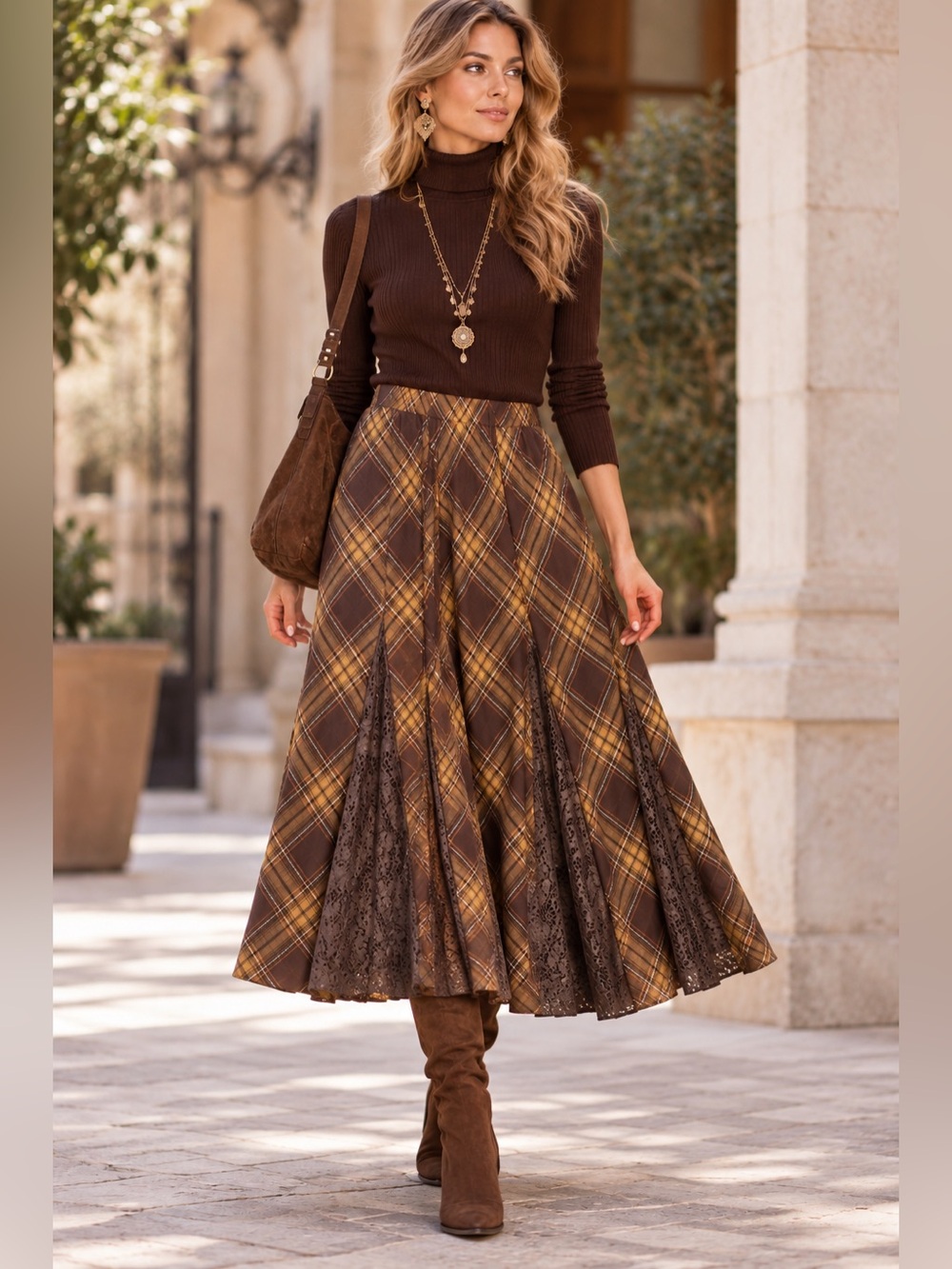 F32. Brown Plaid Lace Panel Maxi Skirt - Elegant Women's Skirt